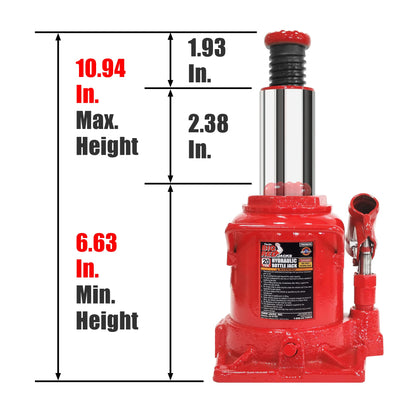 BIG RED T92007A Torin Hydraulic Stubby Low Profile Welded Bottle Jack, 20 Ton (40,000 lb) Capacity, Red