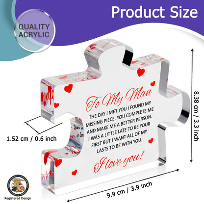 to My Man - Engraved Acrylic Block Puzzle 4.1 x 3.5 inch Gifts for Him for Husband - Fiance Birthday Gifts, Valentines Day Gift for Boyfriend - Cool Wedding Couple