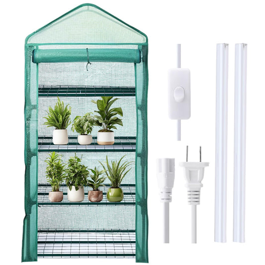 Baquler 4 Tier Mini Greenhouse Indoor Outdoor with 2 Grow Lights , 62'' H x 27'' L x 19'' W PE Cover Portable Winter Vented Greenhouse with Roll up Zipper Door Gardening Stand for Plant Seed Starting