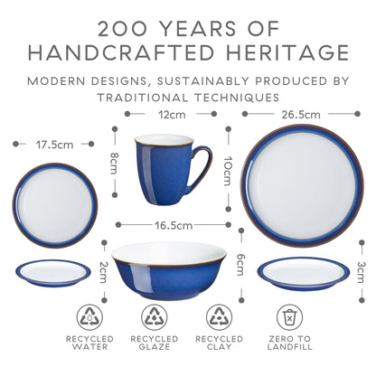 Denby - Imperial Blue Dinner Set For 4-16 Piece Ceramic Tableware Set Blue, White - Dishwasher Microwave Safe Crockery Set - 4 x Dinner Plate, 4 x Small Plate, 4 x Cereal Bowl, 4 x Coffee Mug