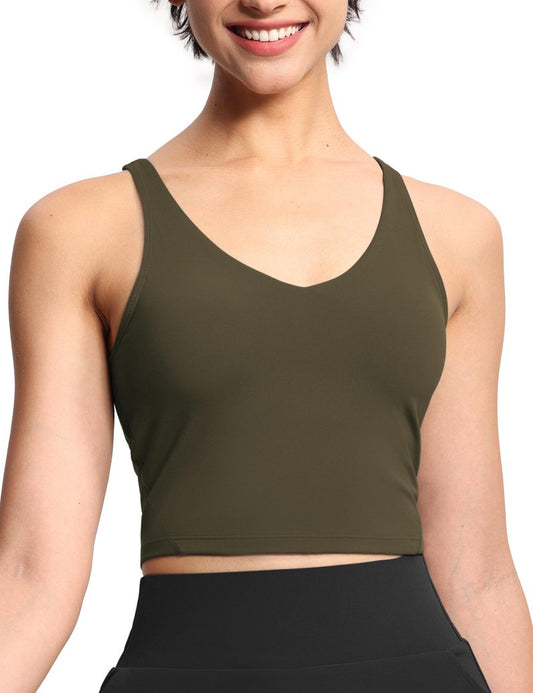 Women’s Longline Sports Bra Wirefree Padded Medium Support Yoga Bras Gym Running Workout Tank Tops Charcoal Brown