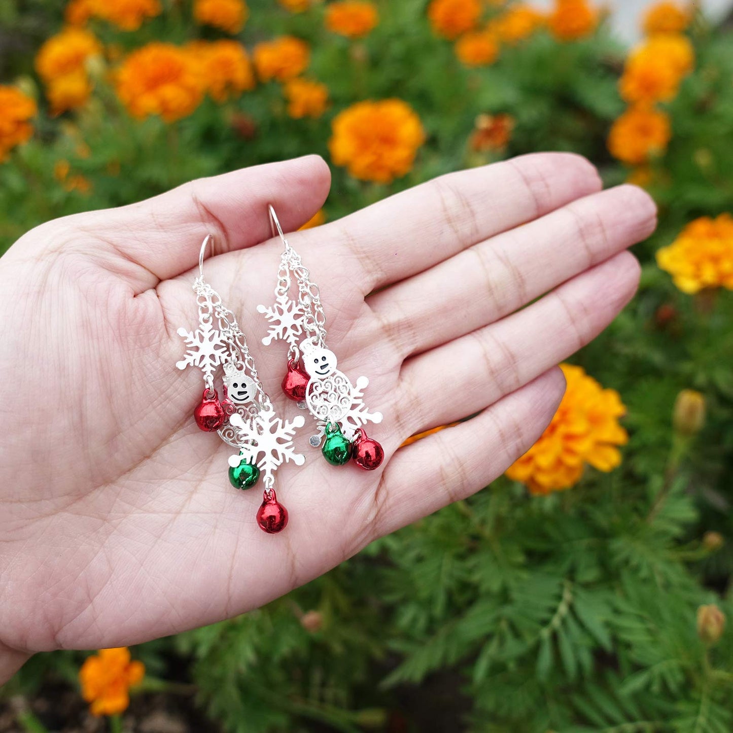 RareLove Three Layered Christmas Ring Bell Piercing Dangle Earrings Snowman Snowflake Silver Plated Alloy Holiday Jewelry For Women