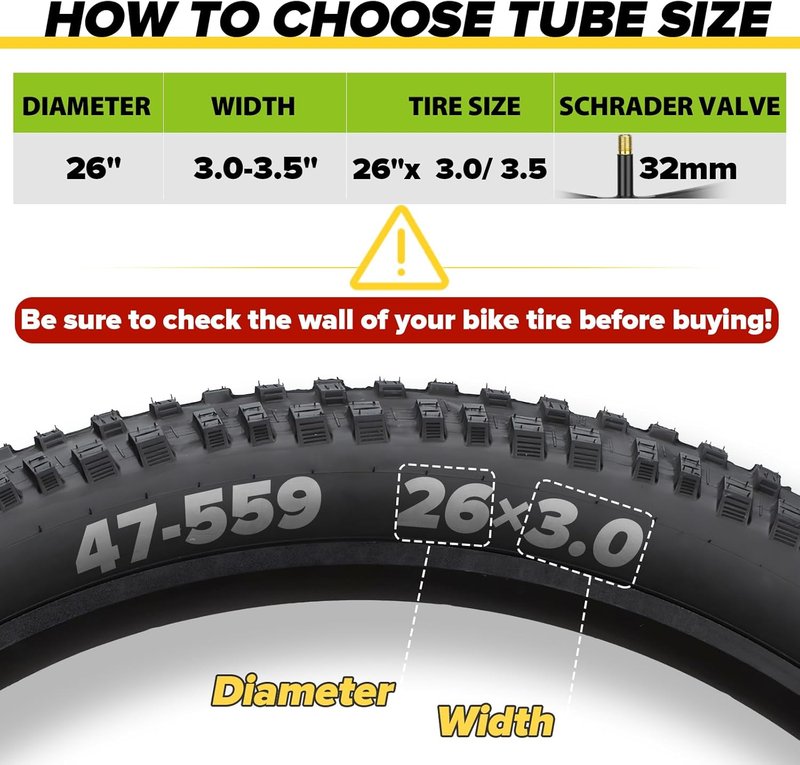 Fat Tire Bike Inner Tubes - 20/26 x 3.0/3.5 Butyl Tubes with 32mm AV Schrader Valve | 2/4 Pack with Tire Levers