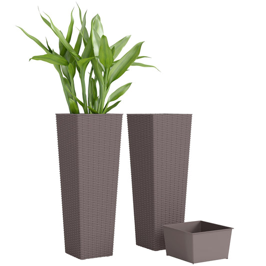 Outsunny 23.6 Inch Tall Planters for Outdoor Plants, Set of 2 Plastic Rattan-Like Flower Pots with Drainage Holes, Stackable Tapered Planters for Indoor Plants, Front Porch, Brown