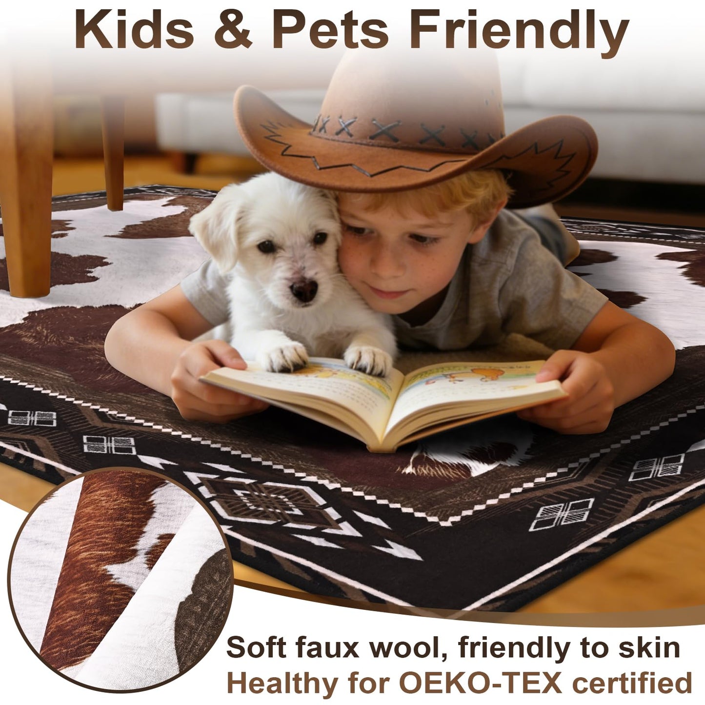 Yinhua Cowhide Rugs for Living Room 4x6 Cow Print Rug for Bedroom Washable, Soft Faux Animal Print Rug Low Pile Non Slip, Western Rustic Rugs for Dining Room Nursery Home Office, Brown and White