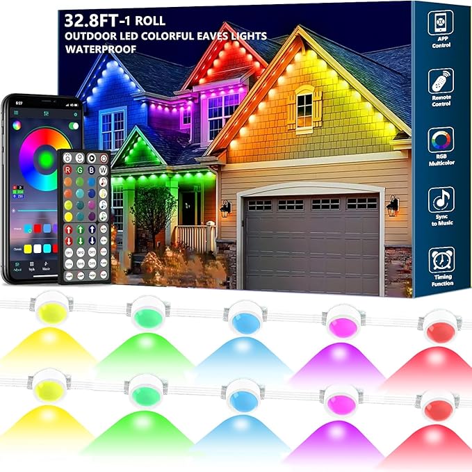 32.8FT Permanent Outdoor RGB Lights,IP67 Waterproof Smart LED Eaves Lights with App/Remote Control,for Christmas and All Holiday Decor,Daily and Accent Lighting,House Roof and Garden Lighting