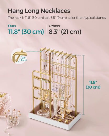 SONGMICS Jewellery Stand, Jewellery Organiser, Jewellery Display Stand with Metal Frame and Velvet Tray, Earring Bracelet Holder, Necklace Stand, for Studs, Rings, Gift Idea, Gold Colour JJS021A01