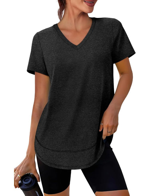 Short Sleeve Shirts for Women Workout Yoga Tops Sun Protection Clothing Summer Outfits Rash Guard Side Slit V Neck Black XL