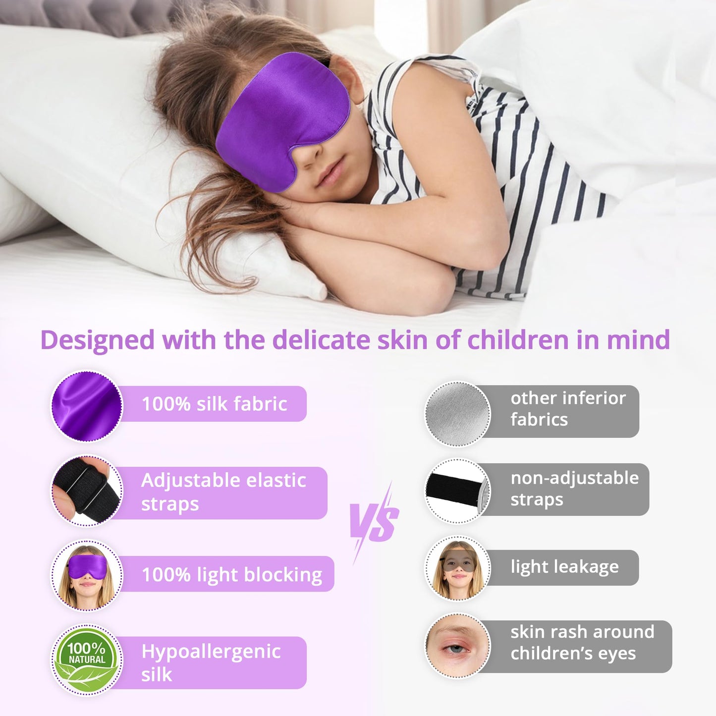 Kids Sleep Mask Eye Cover, 100% Real Natural Pure Silk Eye Mask with Adjustable Strap, Blindfold Kids Eye Mask for Sleeping, Eye Shade for Boys Girls and Adult, Pressure-Free Comfort (Black)