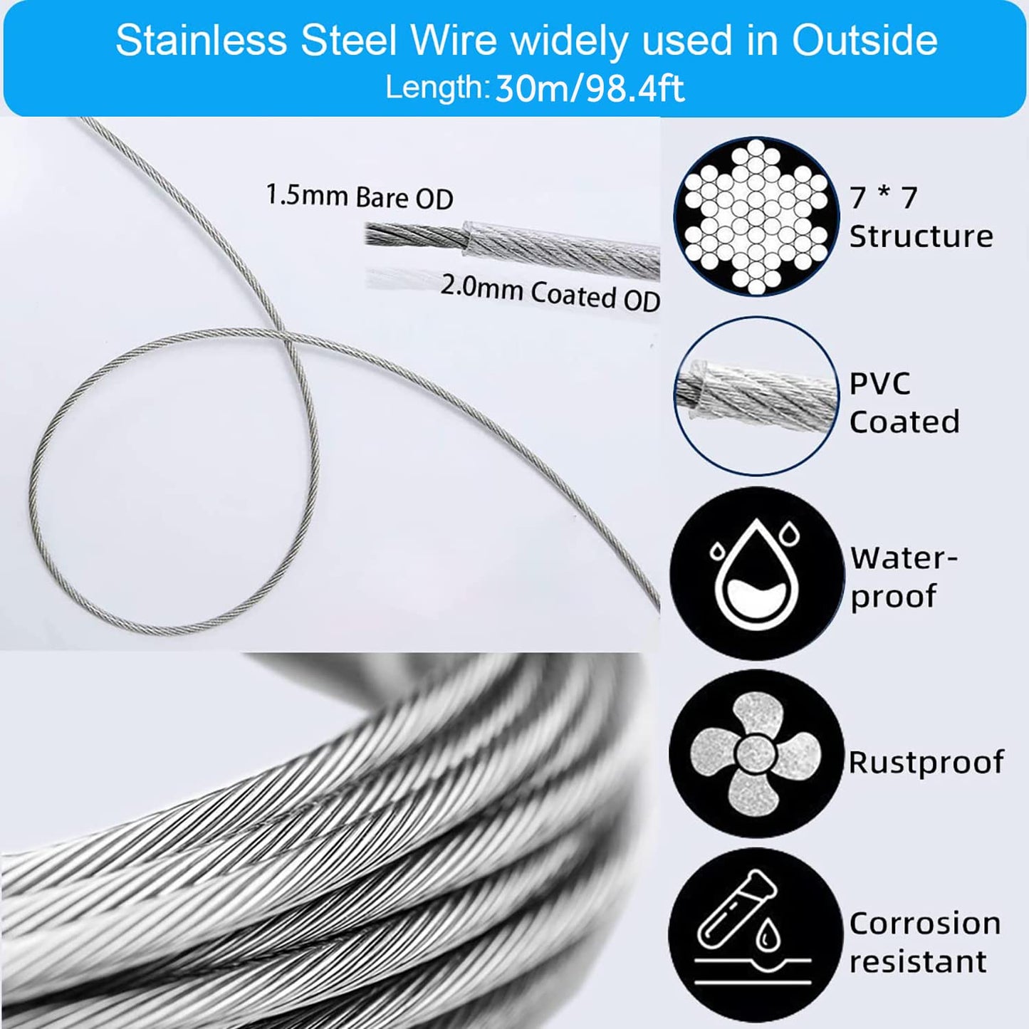30M Garden Wire For Climbing Plants, AMLOOPH Picture Wire Heavy Duty Decking Rope Stainless Steel Cable Wire 2MM Fence Wire Rope Clips Turnbuckle Wire Tensioner For String Lights Hanging Kit(48pcs)