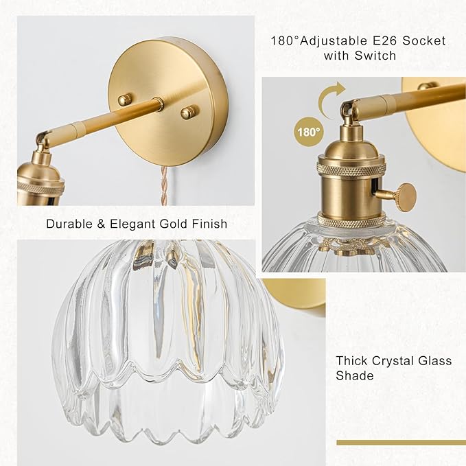 Plug in Wall Sconces Set of 2, Vintage Wall Sconce with Tulip Transparent Glass Lampshade, 180° Adjustable Wall Sconce with Switch and Plug in Wall Lamp Cord, Gold Wall Light Wall Decor Set of 2