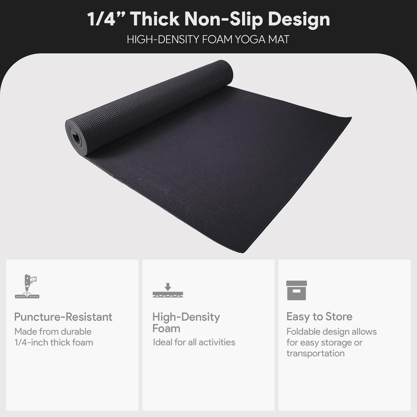 Fitvids All-Purpose 1/4-Inch High Density Anti-Tear Exercise Yoga Mat with Carrying Strap, Black