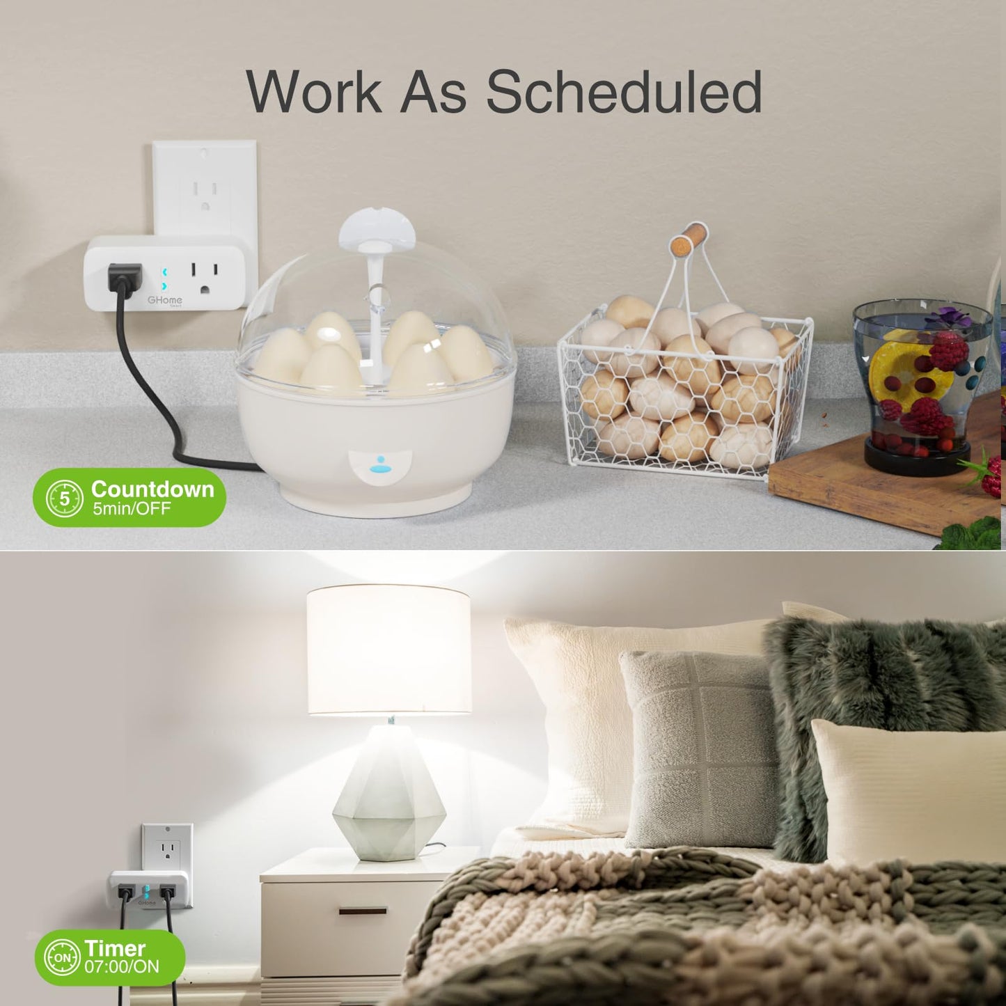 GHome Smart Plug, 15A WiFi Smart Outlet Compatible with Alexa & Google Home, Smart Surge Protector with Remote Control & Timer, Dual Sockets, No Hub Required, 2.4GHz WiFi Only, White, 2 Pack