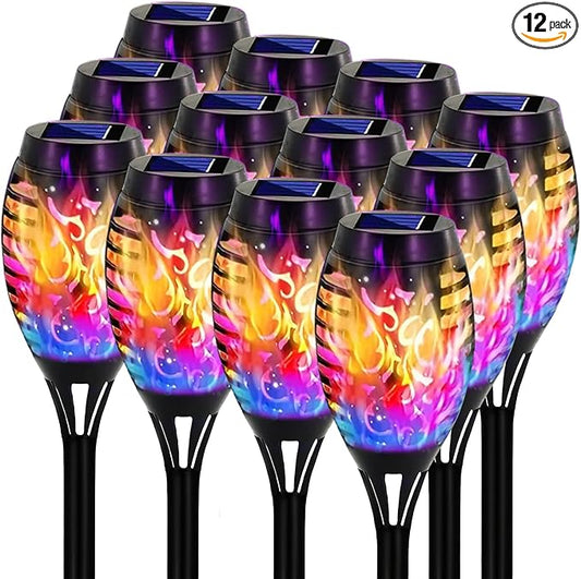 Swingers Solar Lights Outdoor,Halloween Solar Torch Lights with Flickering Flame,Waterproof Outdoor Garden Lights for Outside Patio Pathway Yard Decorations(12, Multicolor)