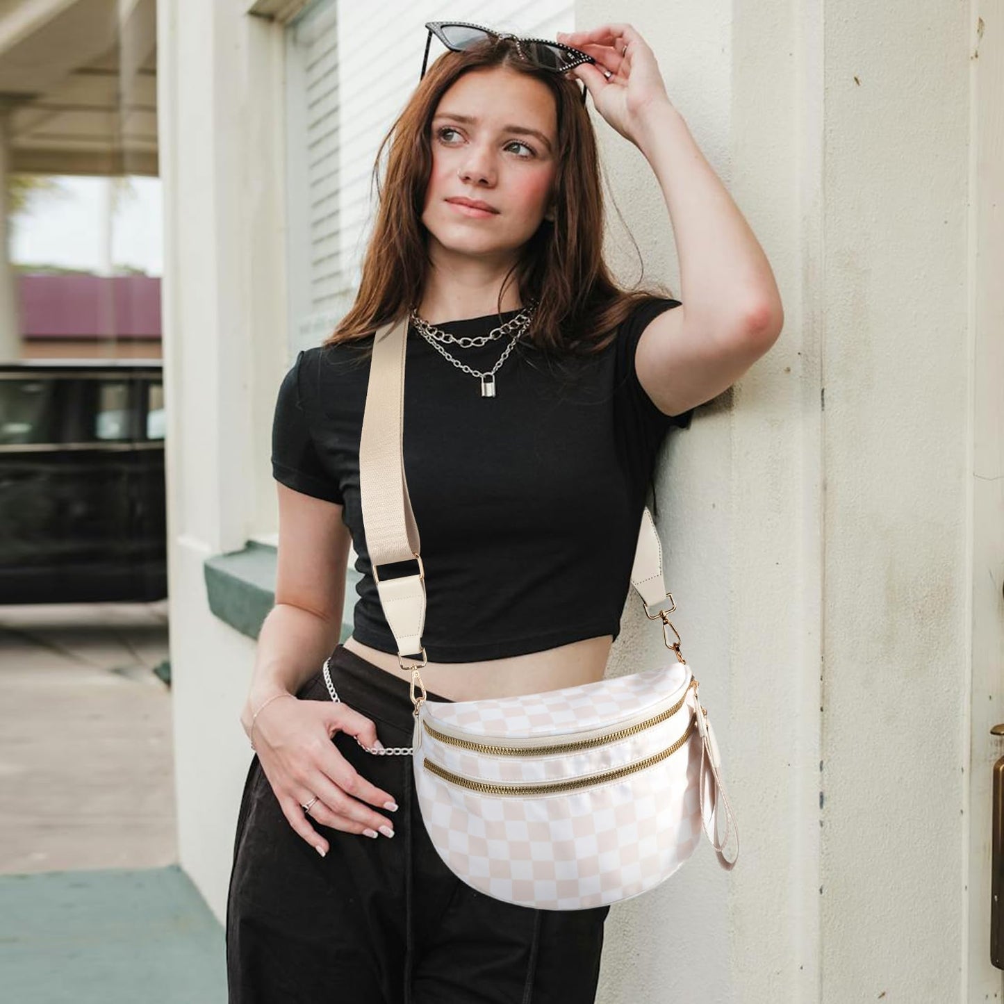 Nylon Crossbody Bags Bum Bag for Women Large Sling Bag Purse with Adjustable Strap（Black）