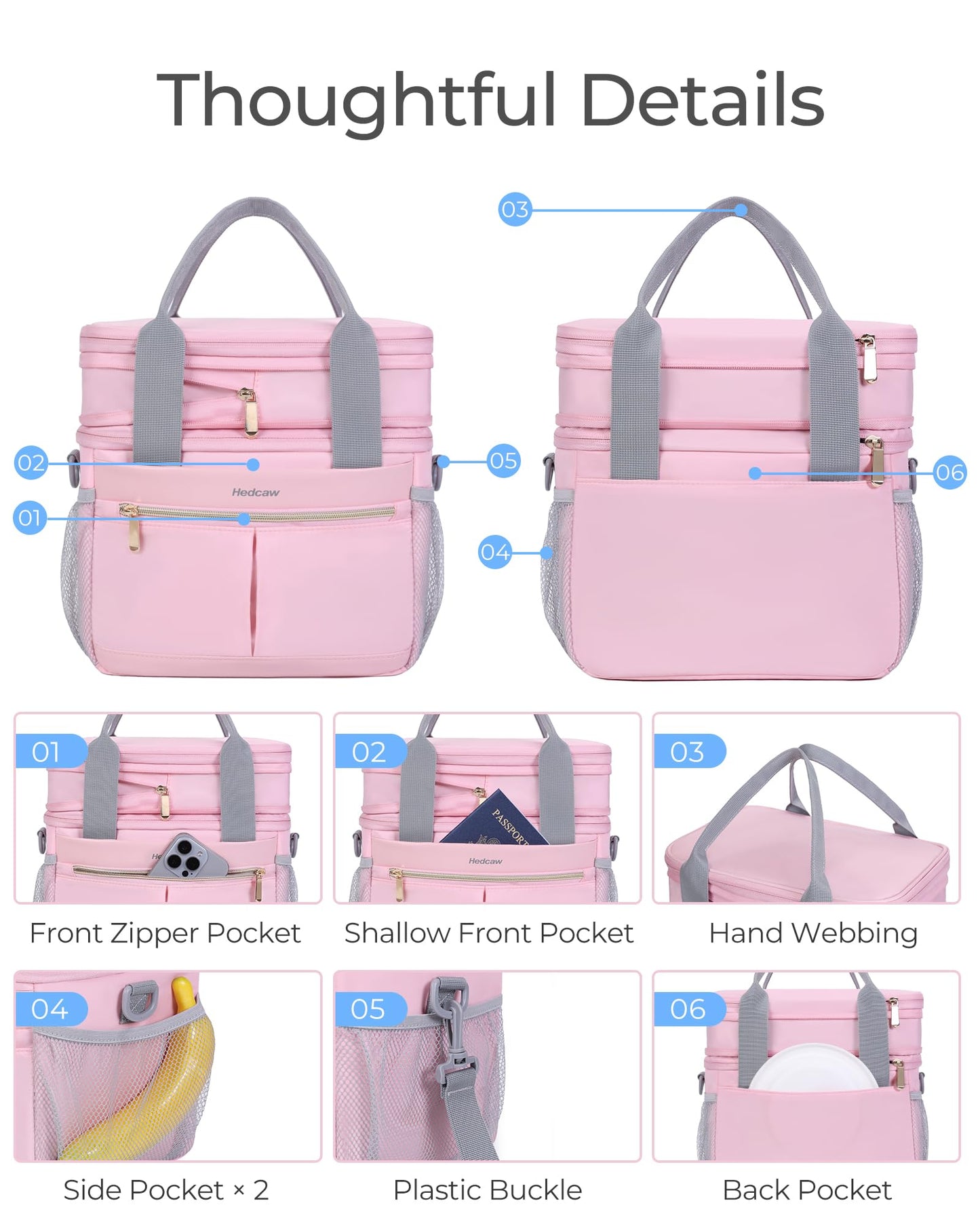 Hedcaw Lunch Box for Women Double Deck Insulated Lunch Bag Women Expandable Leakproof Reusable Lunch Cooler Bag for Work, Office, Picnic, Purple