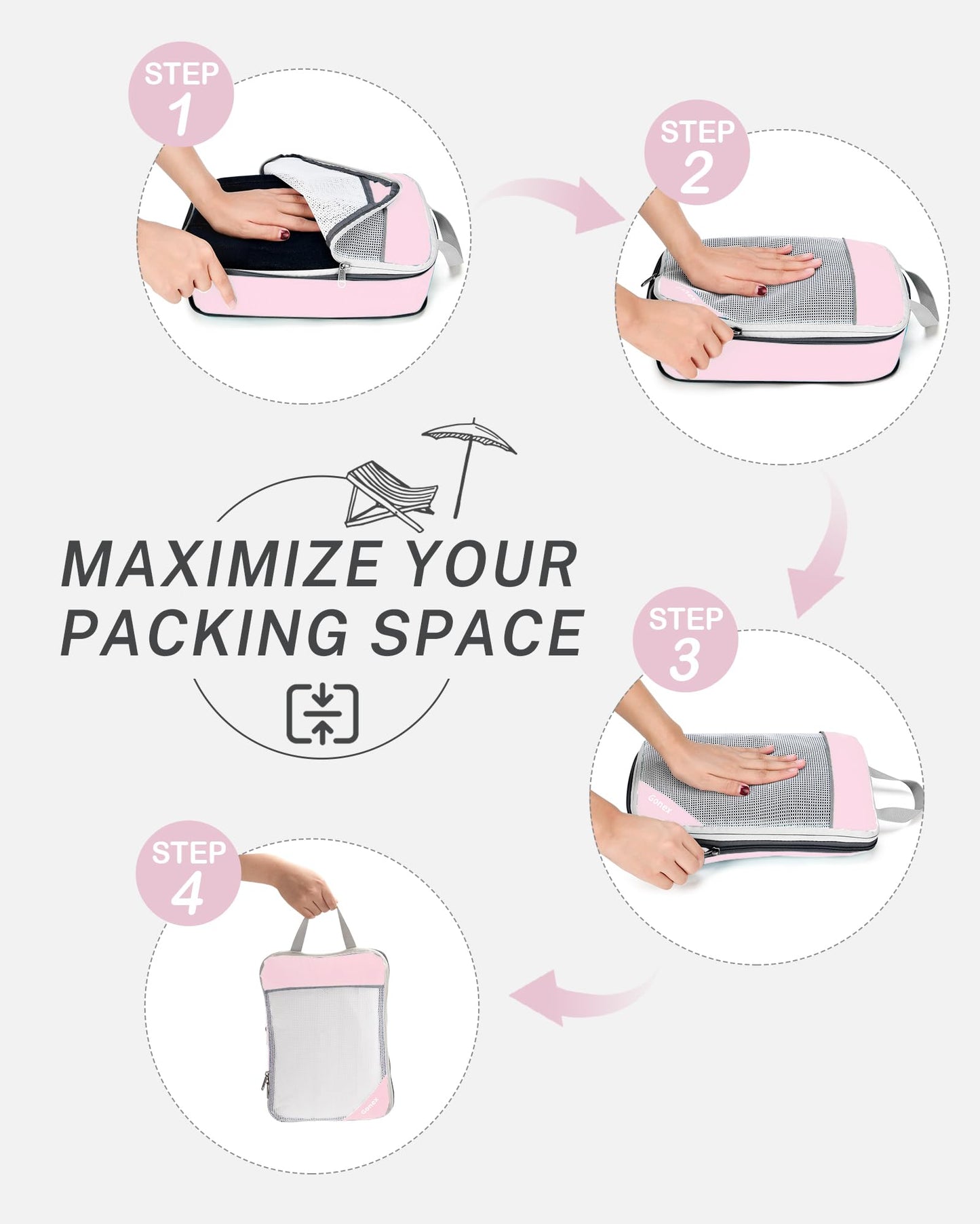 Gonex Compression Packing Cubes Mesh Organizers L+M+S+XS+Slim+Laundry Bag Pink