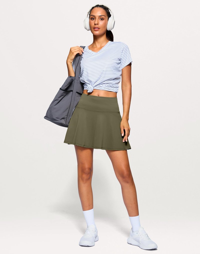 SANTINY 14" Tennis Skirt Golf Skorts with Pockets Tummy Control Shorts Pleated Skirts for Women Athletic Dressy Casual (Olive_M)