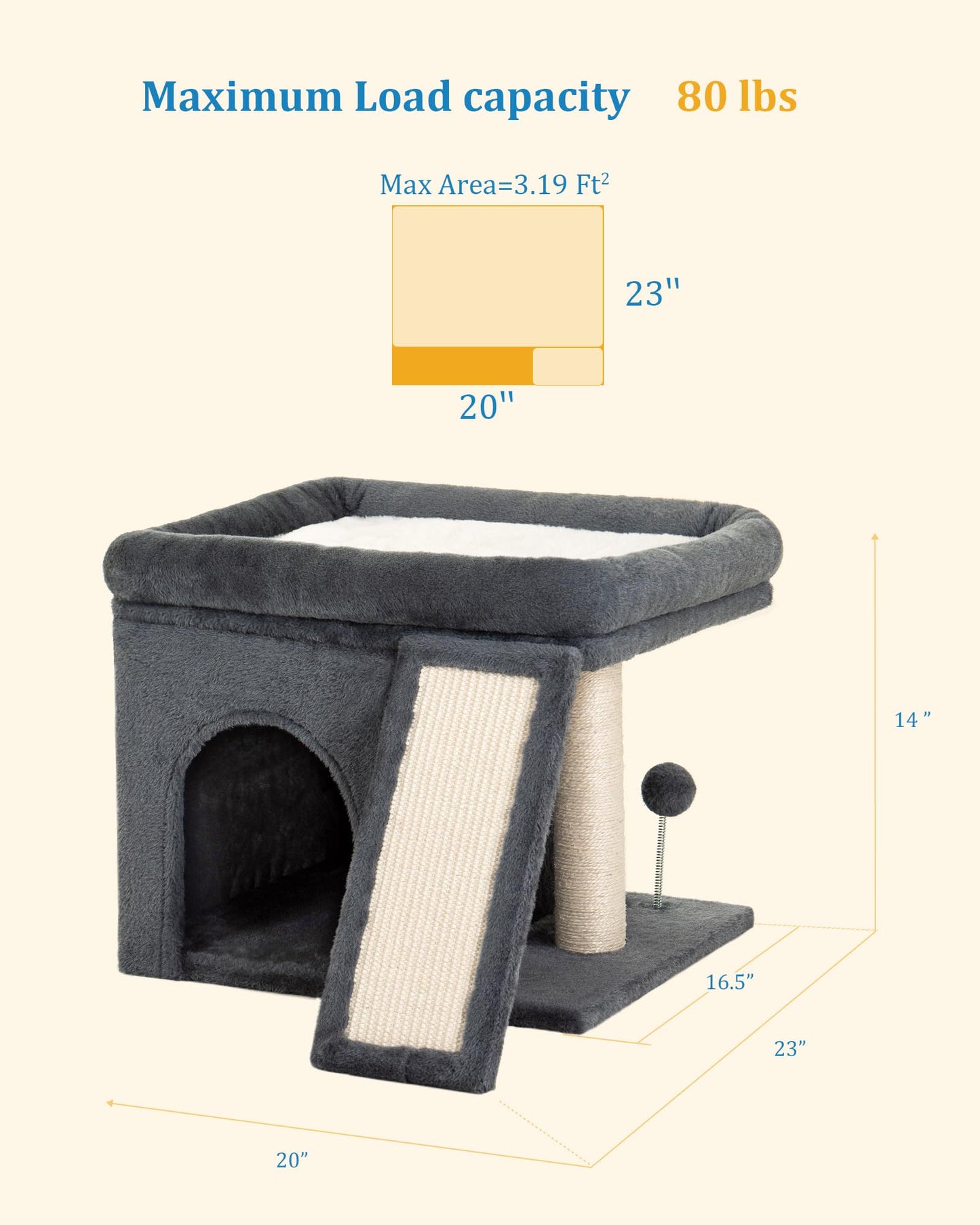 Aechonow Cat Tree Tower for Large Adult Cats, 50 * 40cm Big Perch Bed,Spacious Condo House for Indoor Kitten, Sisal Scratching Post, Dark Gray