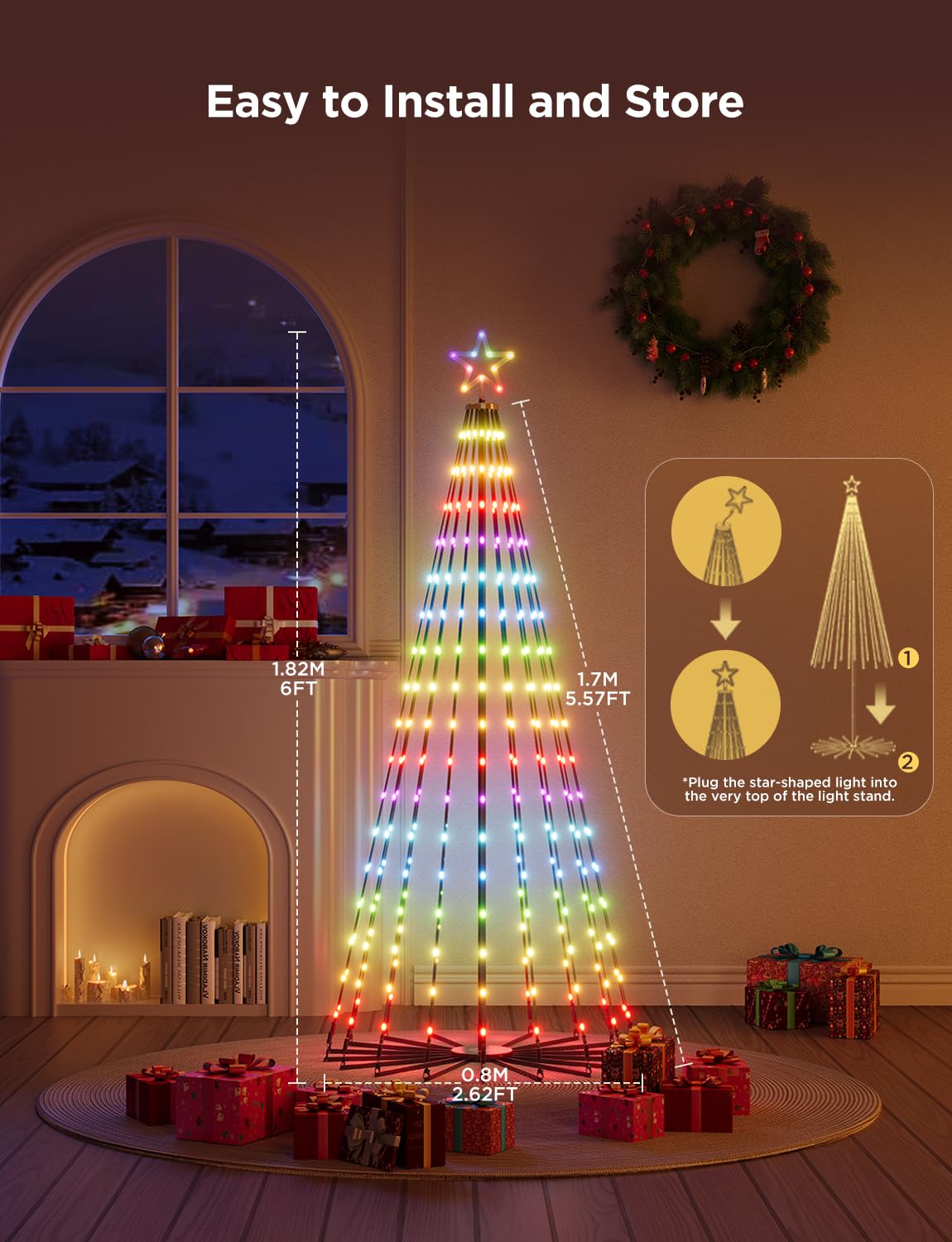 Govee Christmas Cone Tree Lights, 6ft 316 LEDs RGBIC Christmas Tree Lights with Smart App Control, IP67 Waterproof Outdoor String Lights for Xmas Decorations, 82+ Scene Modes, Music Sync, Black Stand
