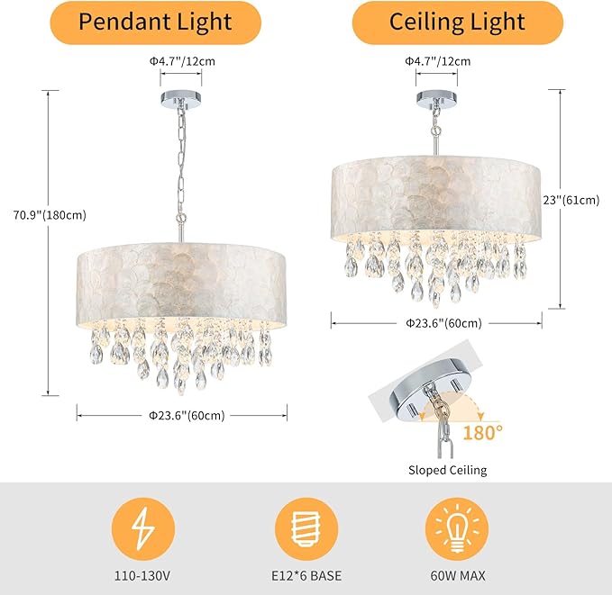 6-Lights Drum Capiz Shell Crystal Chandeliers, Coastal Style Pendant Light Fixture for Dining Room, Living Room, D24 x H23~71 inch(Adjustable), Shell Lampshade & Chrome Finish