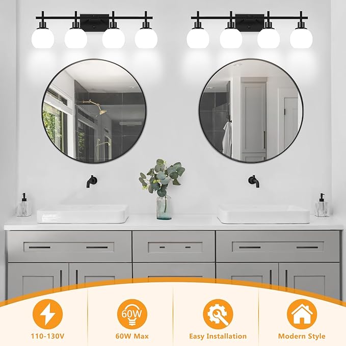 4-Light Modern Vanity Lighting Fixtures, Bathroom Wall Mounted Vanity Light,Black Bathroom Lighting Fixtures Over Mirror with Milky White Glass Lampshade for Bedroom, Living Room