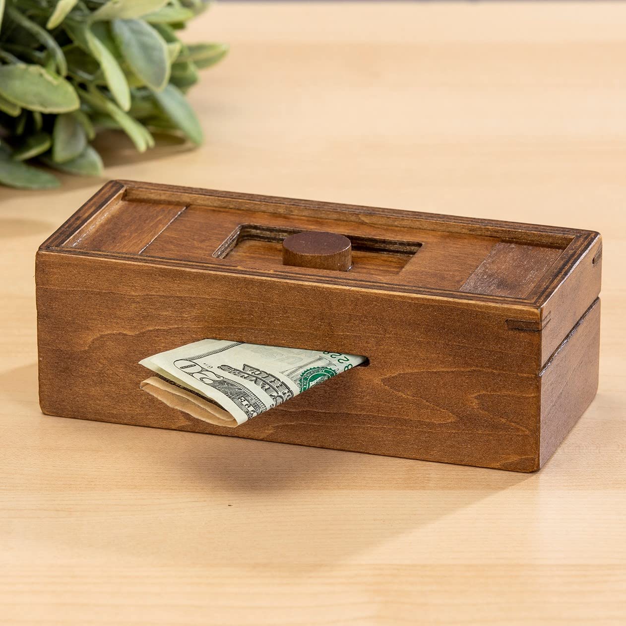 Bits and Pieces - Stash Your Cash Secret Puzzle Box Brainteaser - Wooden Secret Compartment Brain Game for Adults