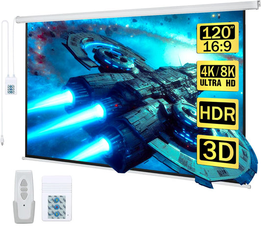 Kayle 120" Motorized Projector Screen Electric Diagonal Automatic Projection 16:9 HD Movies Screen for Home Theater Presentation Education Outdoor Indoor W/Wireless Remote, Wall/Ceiling Mount (White)