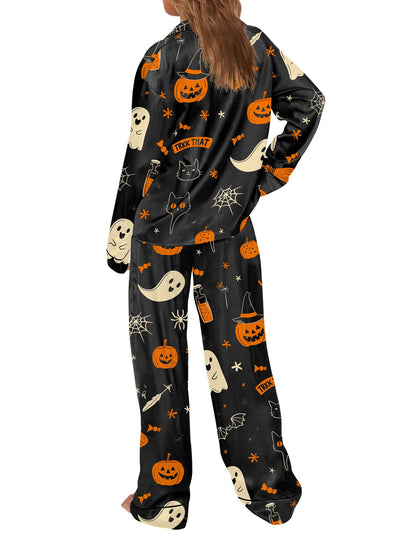SHESHOW Funny Halloween Pajamas Women Satin Pajama Long Sleeve 2 Piece Sets Cute Halloween Pjs Women Black M