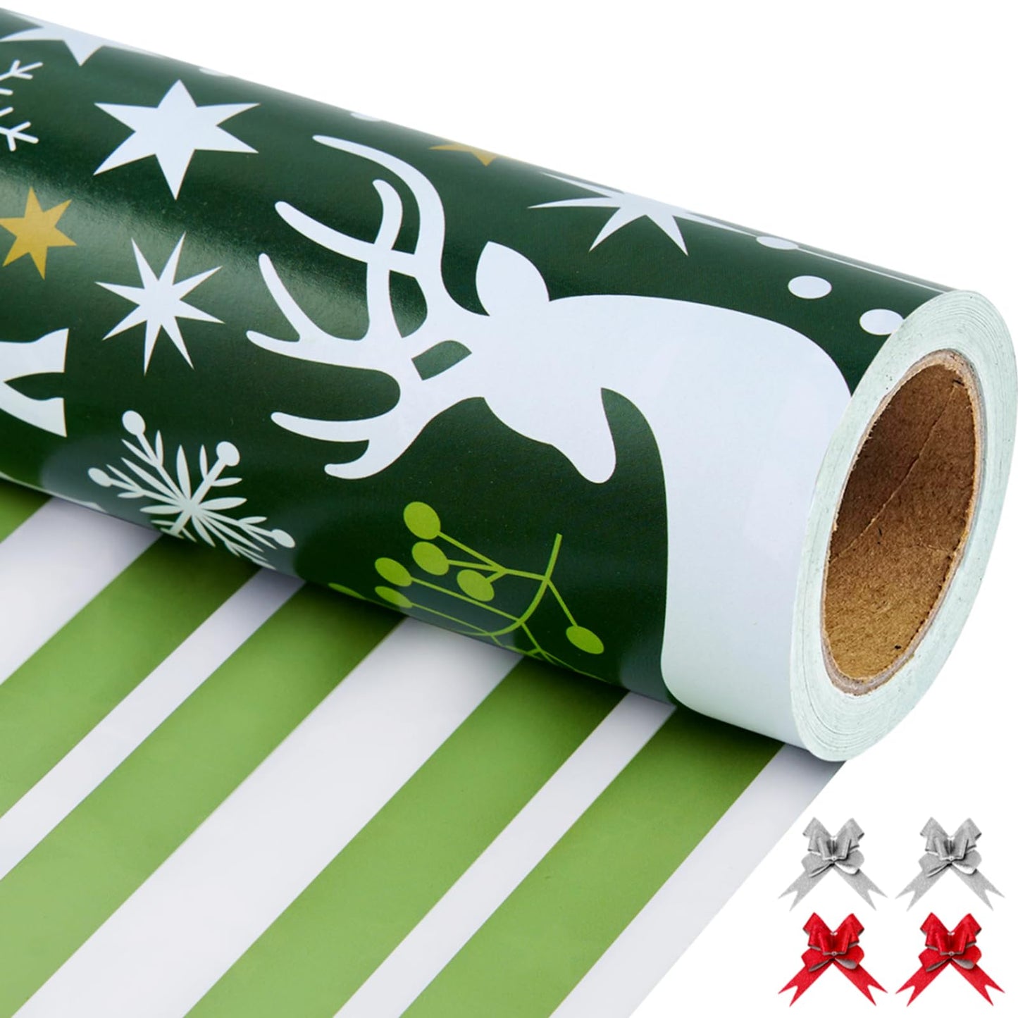 EWES Green Christmas Wrapping Paper Rolls, Matte Elegant Heavy Duty Premium Gift Wrap, Aesthetic Pattern with Christmas tree, Reindeer and Fox, Reversible, Total 48.6sq.ft