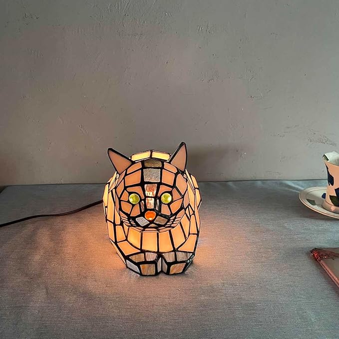 Bieye L10872 Lovely Cat Tiffany Style Stained Glass Accent Table Lamp Night Light for Home Decoration (One Cat, Blue)