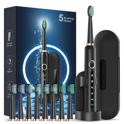 Rtauys M5 Sonic Electric Toothbrush for Adults and Kids - Rechargeable Electric Toothbrush Kids Ages 12+ and Adults with 8 Brush Heads & Travel Case, 120 Days Battery Life - Pink