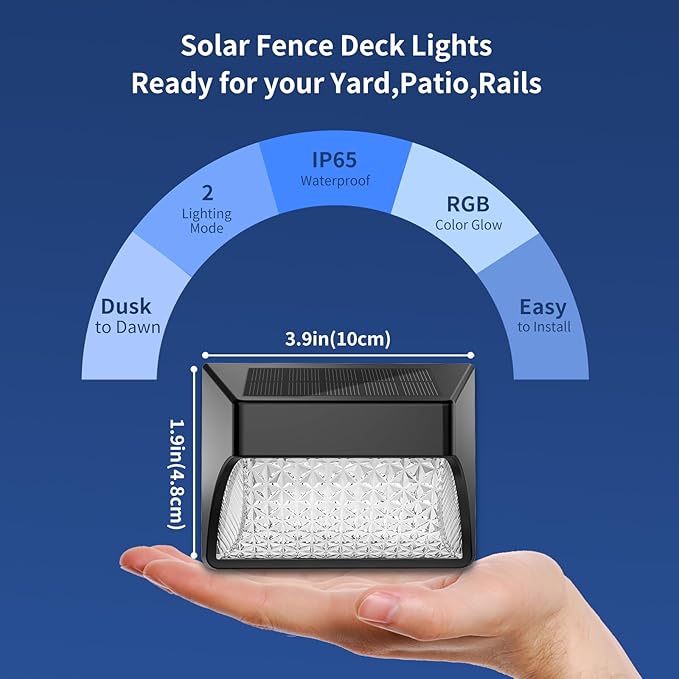 Solar Powered Fence Deck Lights Outdoor Waterproof Led IP65 RGB Color Changing/Warm White Auto On/Off Solar Step Lights for Outside Stair Garden Yard Wall Patio (2 Pack, Black)