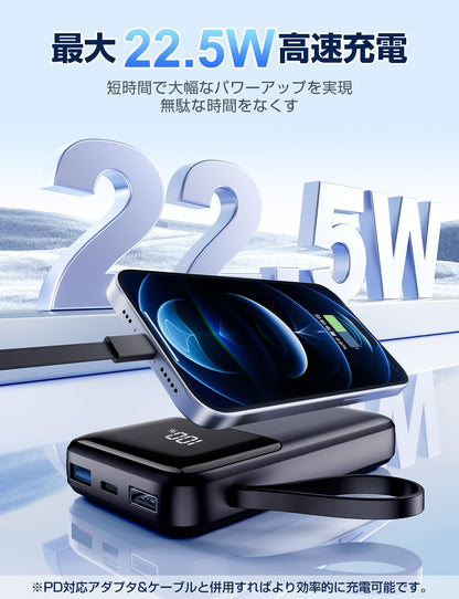Power Bank, 15000mAh Portable Charger with Built in Cable, 22.5W Fast Charging, 6 Outputs, Slim Travel Essential Battery Pack with LED Display, Compatible with iPhone 17/16/15/14/13, Samsung, iPad