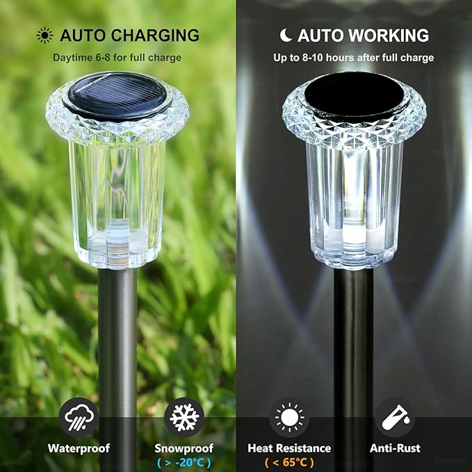 DenicMic Solar Lights Outdoor 10 Pack Waterproof 6000K Cold White LED Stainless Steel Stake for Pathway Yard Garden Driveway Solar Powered Outside Christmas Decor