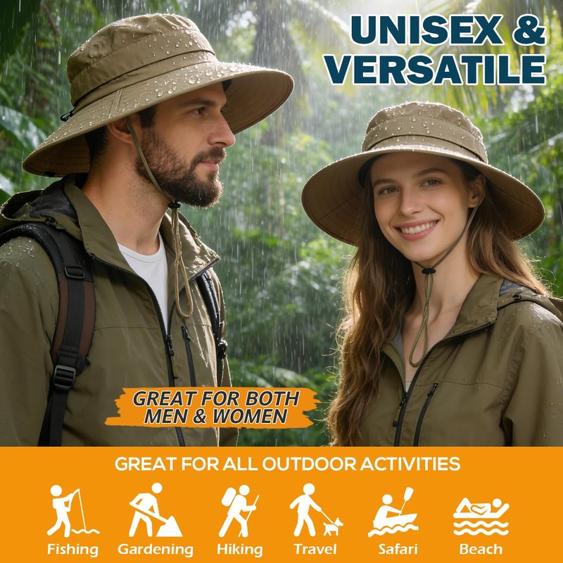 Men's UPF 50+ Waterproof Wide Brim Boonie Hat, Sun & Rain Protection