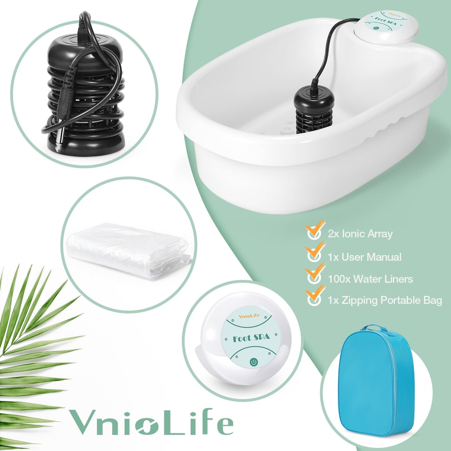 WL VnioLife Ionic Foot Bath Detox Machine with Bag, Portable Detox Foot Spa System, Ion Cleanse Detox Set for Home Beauty Salon Spa Use with Replacement Arrays, 100 Liners