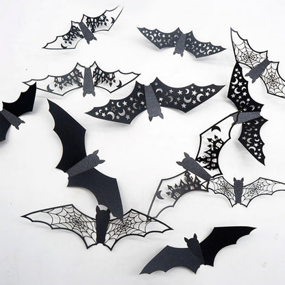 24Pcs Large Halloween Bats Decorations - 3D Self-Adhesive PVC Scary Wall Decor, Hollow Out Waterproof Black Stickers for Indoor Party Supplies, Door and Room Decals
