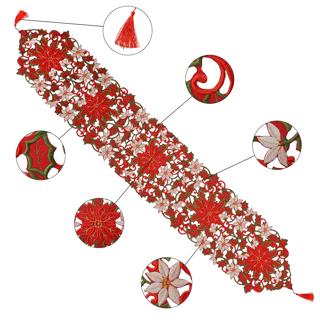 Simhomsen Large Embroidered Christmas Holiday Red Poinsettia Table Runners 13 × 120 Inch