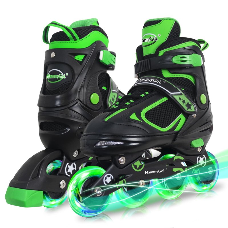 MammyGol Adjustable Inline Skates for Boys Girls Kids Youth with Light up Wheels, Green Beginner Blades Roller Skates for Boys Size 5 6 7 8 Ages 6-12