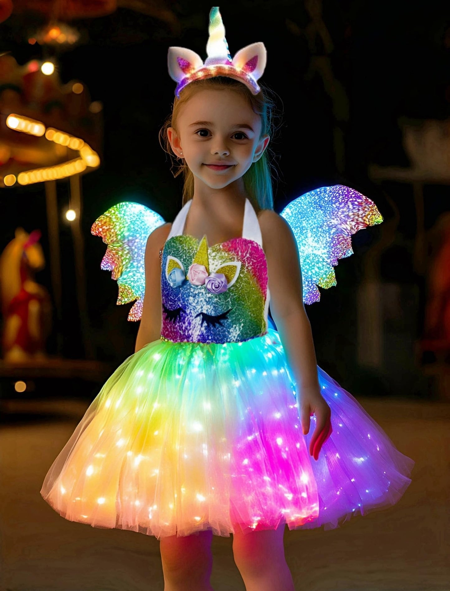 SHINYOU Girls Unicorn Costume Rainbow Unicorn Dress LED Light Up Unicorn Tutu with LED Wing for Halloween Birthday Gift DeepRainbow+Wing 3-4Y¡­