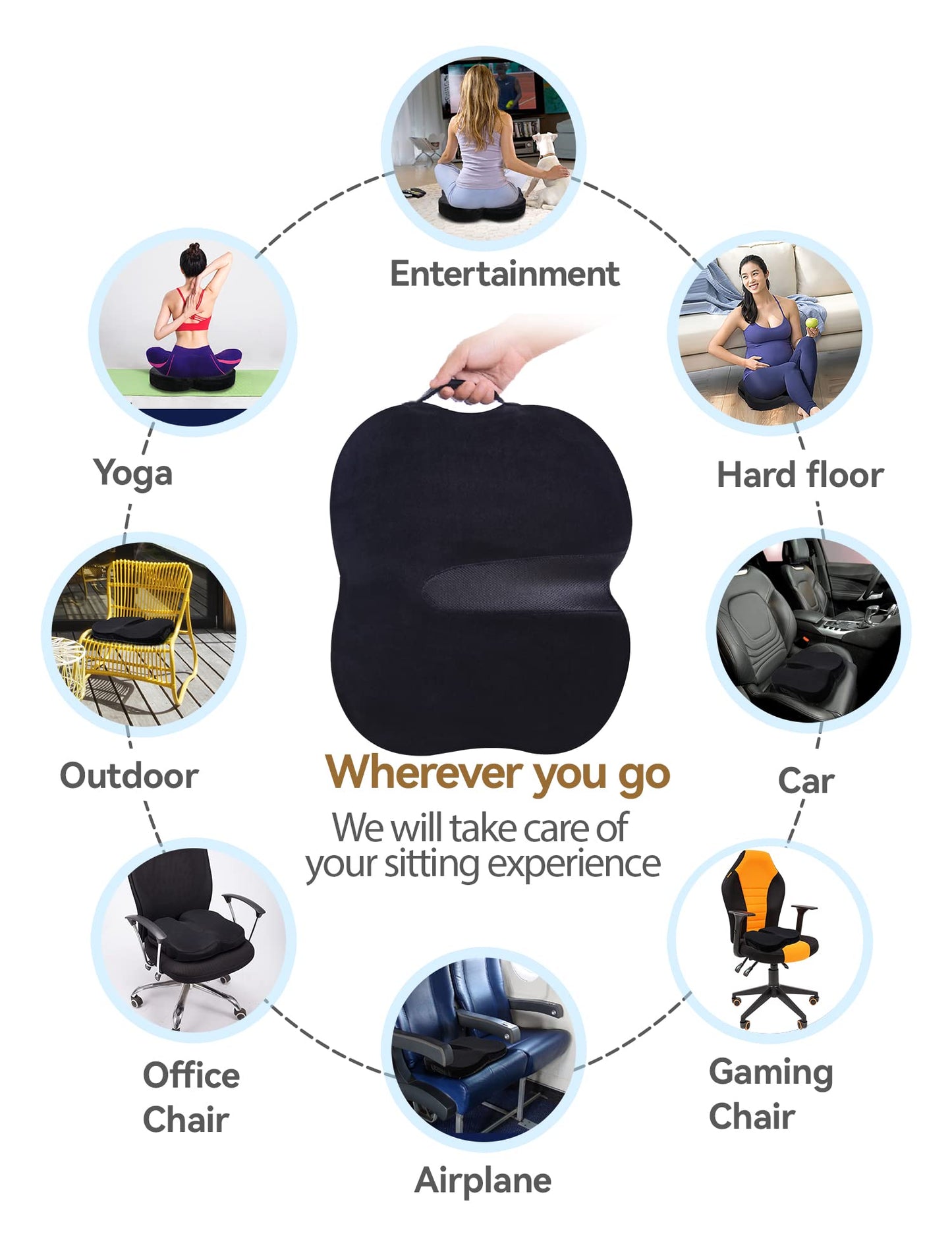 Travel Ease Ergonomic Seat Cushion, Premium Memory Foam Chair Pad with Anti-Slip Base for Long Hours Sitting Comfort, Hip Support Pillow for Office Chair, Car Seat, Gaming Chair (Black)