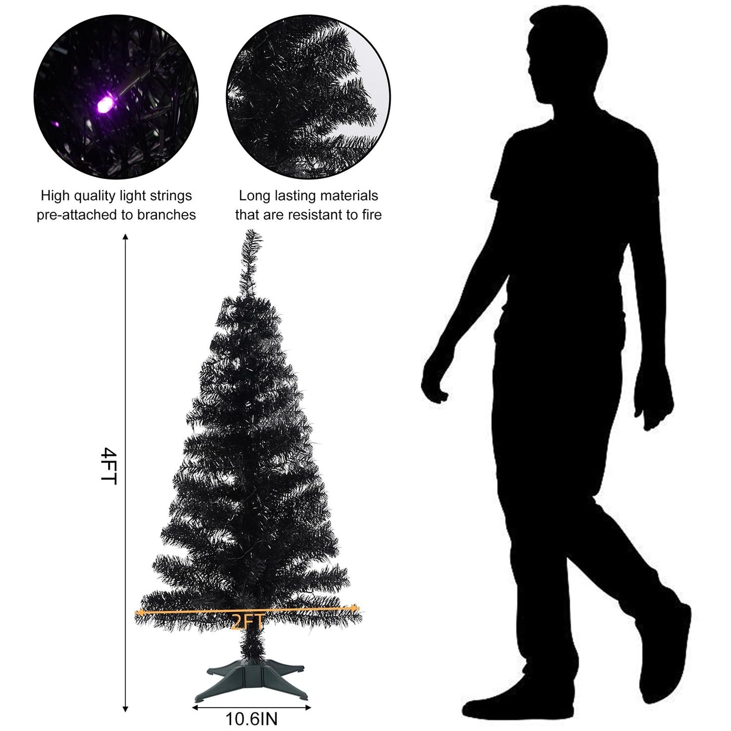 Juegoal Lighted Artificial Halloween Black Christmas Tree, 4FT Black Tinsel Pine Tree with 70 LED Purple Lights, 8 Modes & Timer for Home Party Decorations