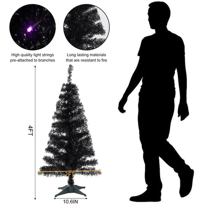 Juegoal Lighted Artificial Halloween Black Christmas Tree, 4FT Black Tinsel Pine Tree with 70 LED Purple Lights, 8 Modes & Timer for Home Party Decorations
