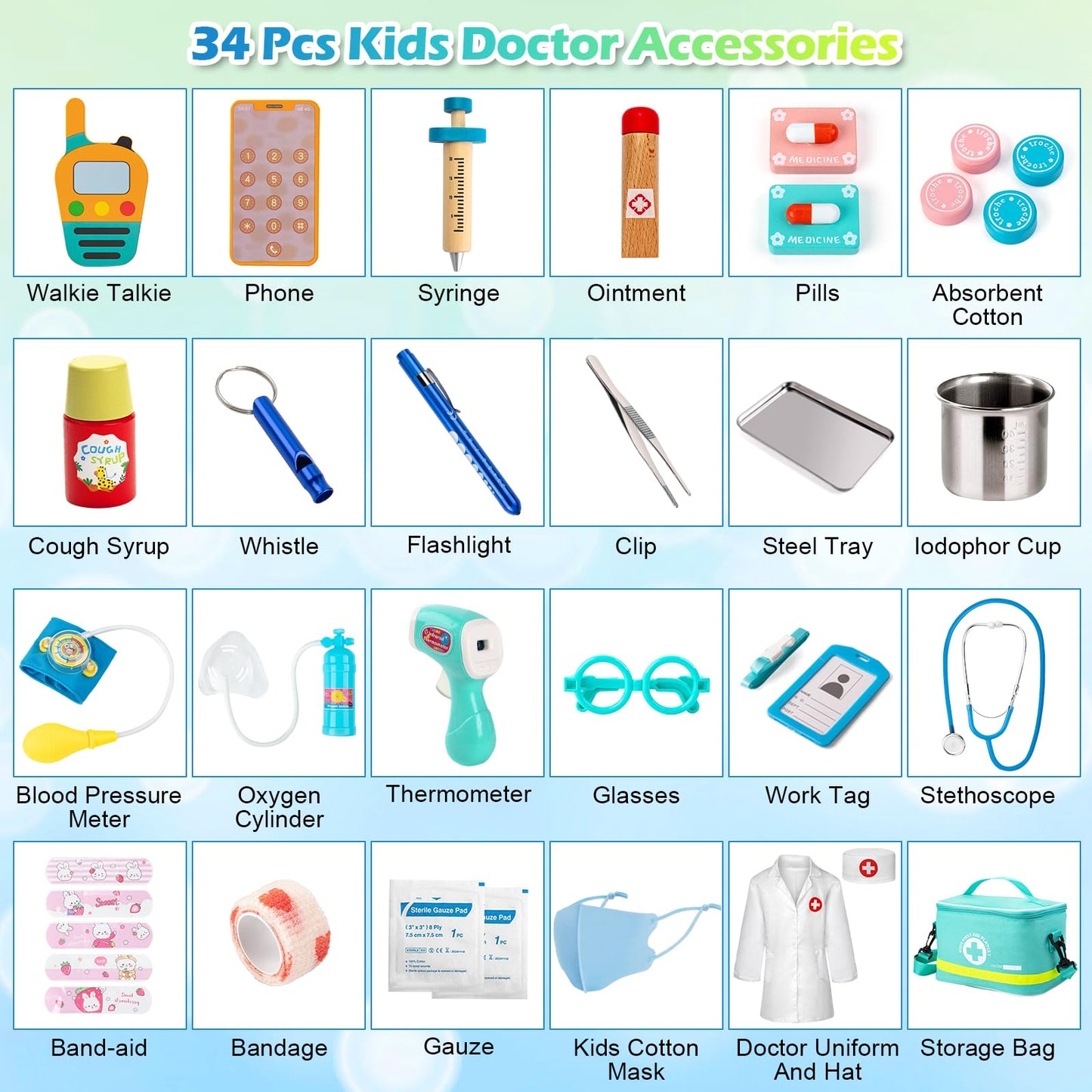 Sundaymot Kids Doctors Wooden Kit, 34 Pcs, with Real Stethoscope, Portable Doctors Bag, Pretend Role Play Medical Kit Toys for 3-6 Year Old Toddlers