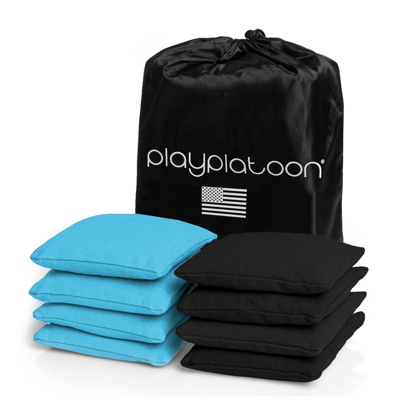 Play Platoon Weather Resistant Cornhole Bags - Set of 8 Regulation Corn Hole Bean Bags - Light Blue & Black - Durable Duck Cloth Corn Hole Bag for Tossing Game, Includes Tote Bag