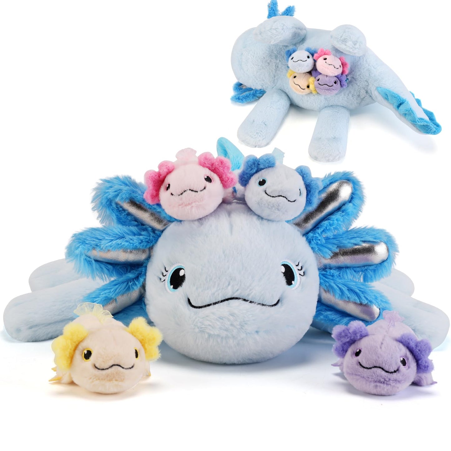 gnomantic 5 Pieces Axolotl Stuffed Animals with Babies Inside Belly - 1 Mommy Stuffed Axolotl with 4 Babies - Blue Axolotls Plush Toy for Kid Age 3-8, Gift Ideal for Christmas, Valentine's, Birthday