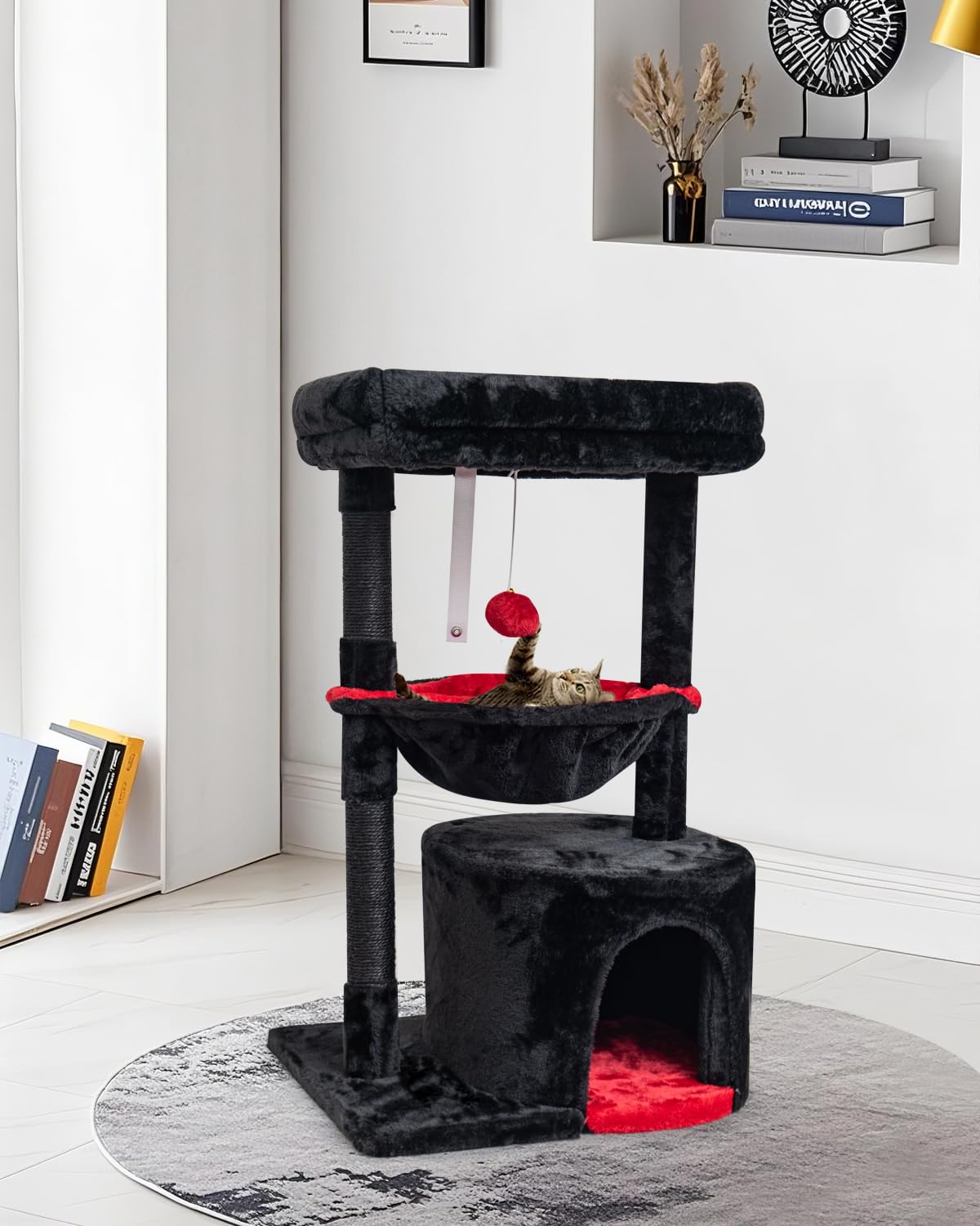 SYANDLVY Gothic Cat Tree with Coffin Bed for Indoor Cats, Small Cat Tower with Scratching Post, Modern Activity House Condo with Cradle, Kittens Cave, Black & Red