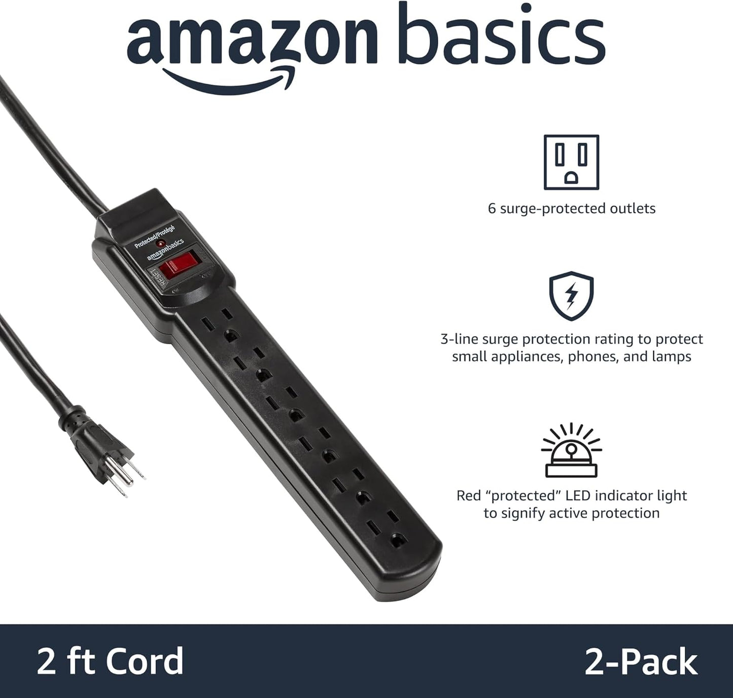 Amazon Basics Rectangle 6-Outlet, 600 Joule Surge Protector Power Strip, 2ft, Small, White, 2-Pack
