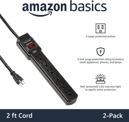 Amazon Basics Rectangle 6-Outlet, 600 Joule Surge Protector Power Strip, 2ft, Small, White, 2-Pack